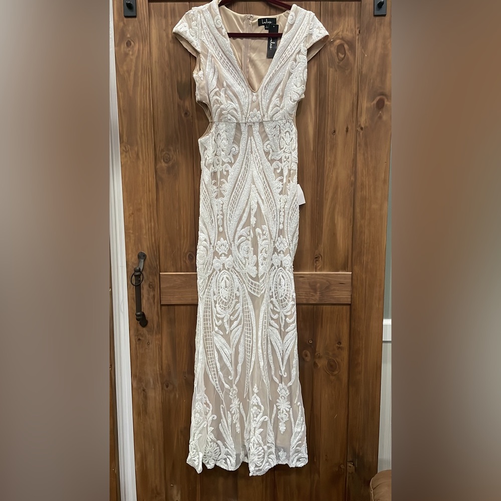 Always Adored White and Nude Sequin Mermaid Maxi Dress